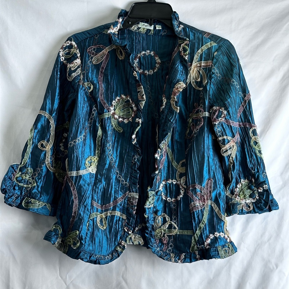 AGORA Crinkle Pleated Jacket Size Small Applique Embroidered Blazer Cottage Core